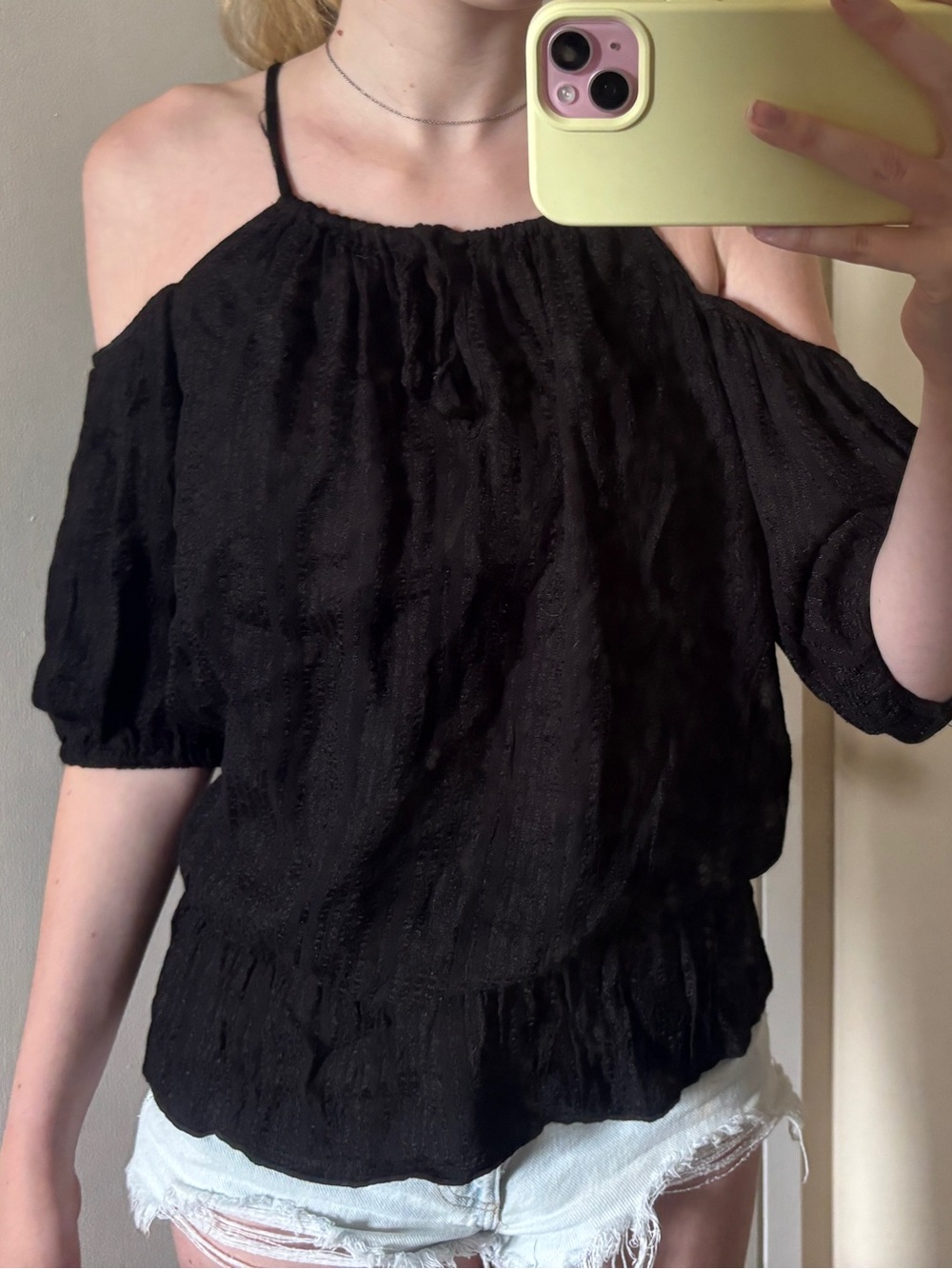 Guess Black Cold-Shoulder Textured Peasant Blouse